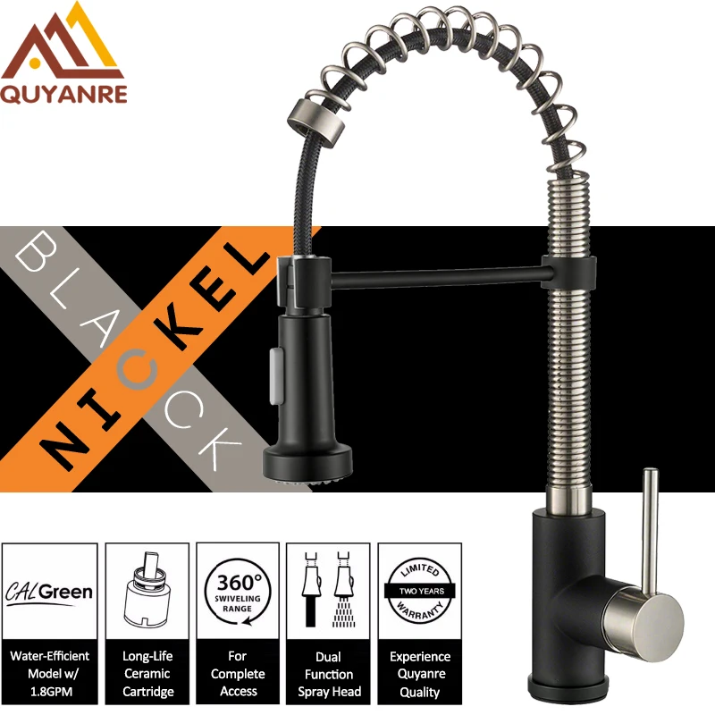 

Quyanre Matte Black Nickel Spring Kitchen Faucet Pull Down Dual Way Spray 360 Rotation Single Level Mixer Kitchen Faucet Tap