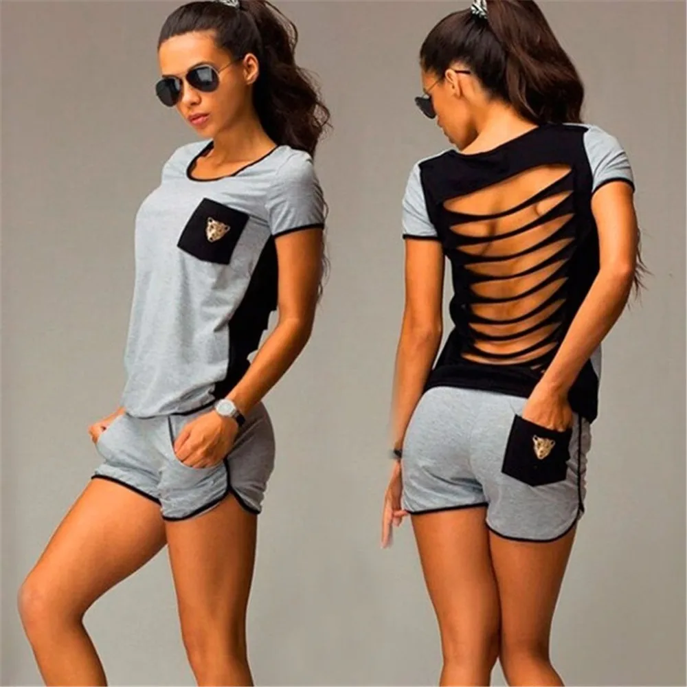 

Women T-shirts Tee Backless Short Sleeve T-shirt 2019 New Sportwear Shorts Pants Tacksuit Outfit Clothes Sets Jumpsuit Summer