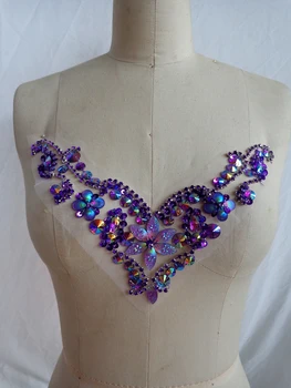 

A22 Handmade crystal patches sew on Rhinestones applique trim with stones sequins beads 25*20cm for top dress