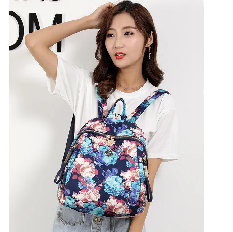 Women Floral Nylon Backpack Female Fashion Printing Casual Rucksack Famous Lady Girls Large Black Purple Blue Soft Shoulder Bag (3)