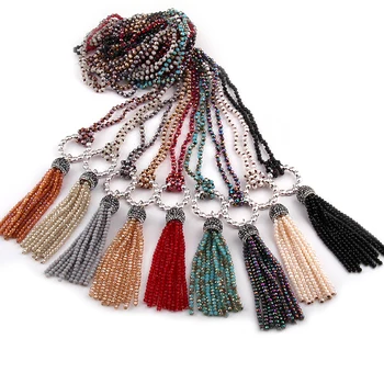 

Free Shipping Fashion 4mm Mini Glass Knotted Crystal Tassel Circle Charm Pendant Necklaces