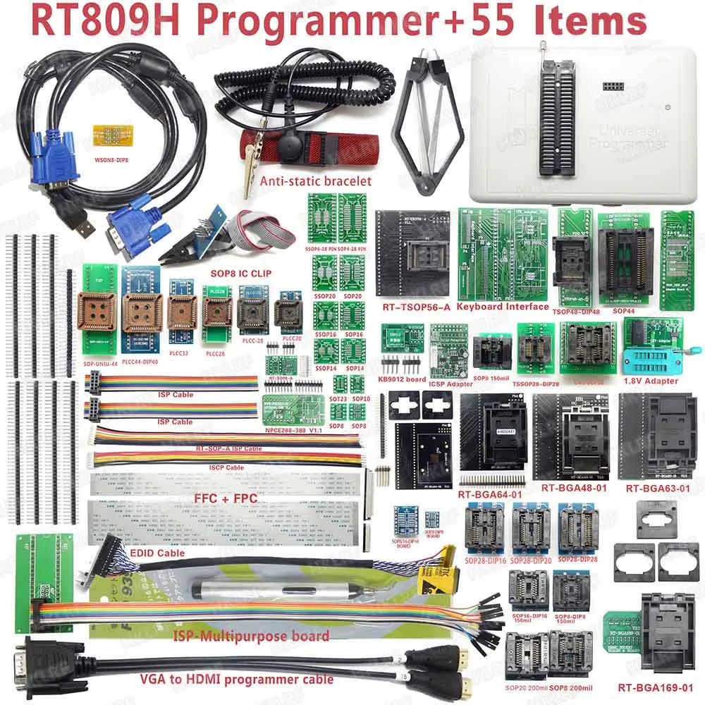 RT809H EMMC-Nand FLASH чрезвычайно быстрый Универсальный программатор+ 40 деталей с EDID CABELS EMMC-Nand - Цвет: RT809H-55 Items