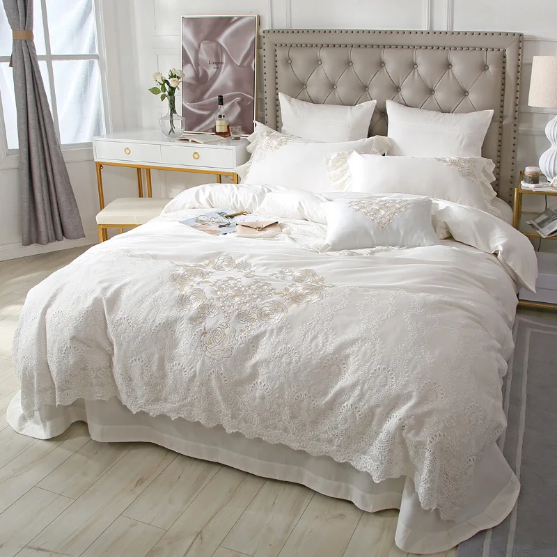 

White Luxury Rose Embroidery Egyptian Cotton Princess Girl Lace Bedding Set Queen King Duvet Cover Bed sheet/Linen Pillowcases