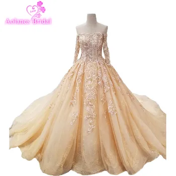 

AOLANES 2018 Long Sleeves Gold Tulle Wedding Dresses Boat Neck Long Train Abiti Da Sposa Off The Shoulder Vestido De Noiva