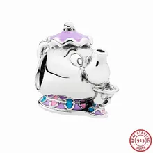 Настоящее серебро 925 проба Зачарованный чайник Desney& mr. Potts& Chip Beads DIY Fit PANDORA Подвески для женщин Изготовление ювелирных изделий FL534