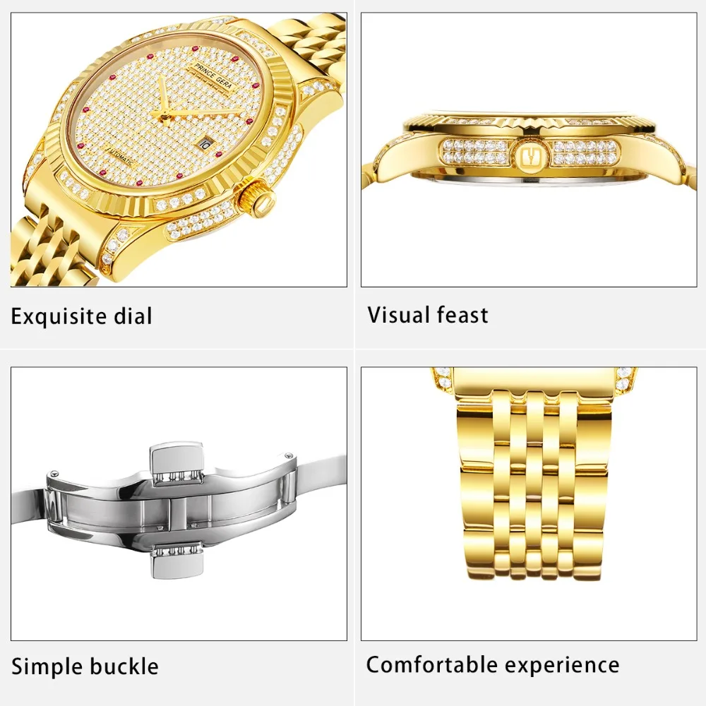 PRINCE GERA Роскошные 18 К золотые бриллианты автоматические часы для мужчин сапфировое стекло Сияющие бриллианты механические Автоматические наручные часы