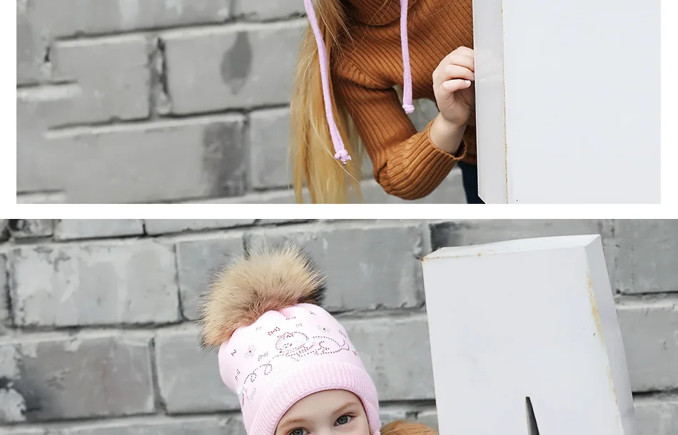 Cap's Children Skullies Beanies Pink Bowknot Double layer Knitted Hat Warm Beanies Kids Hat With Fur Pompom Winter Beanie (11)