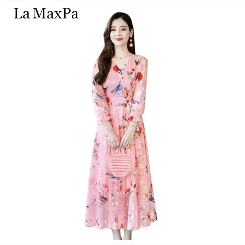 

Long Sleeve Loose Large Size Print Dress 2019 New Autumn Large Swing A Line Dress Casual V Neck Chiffon Midi Dress vestidos