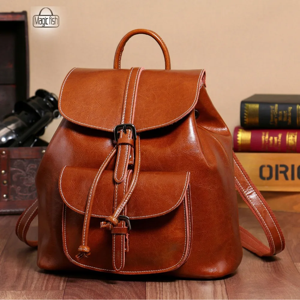 

Girls' Oil Waxed Leather Backpack with Double Shoulder Pack and Cover with Flip Ends 4574/L