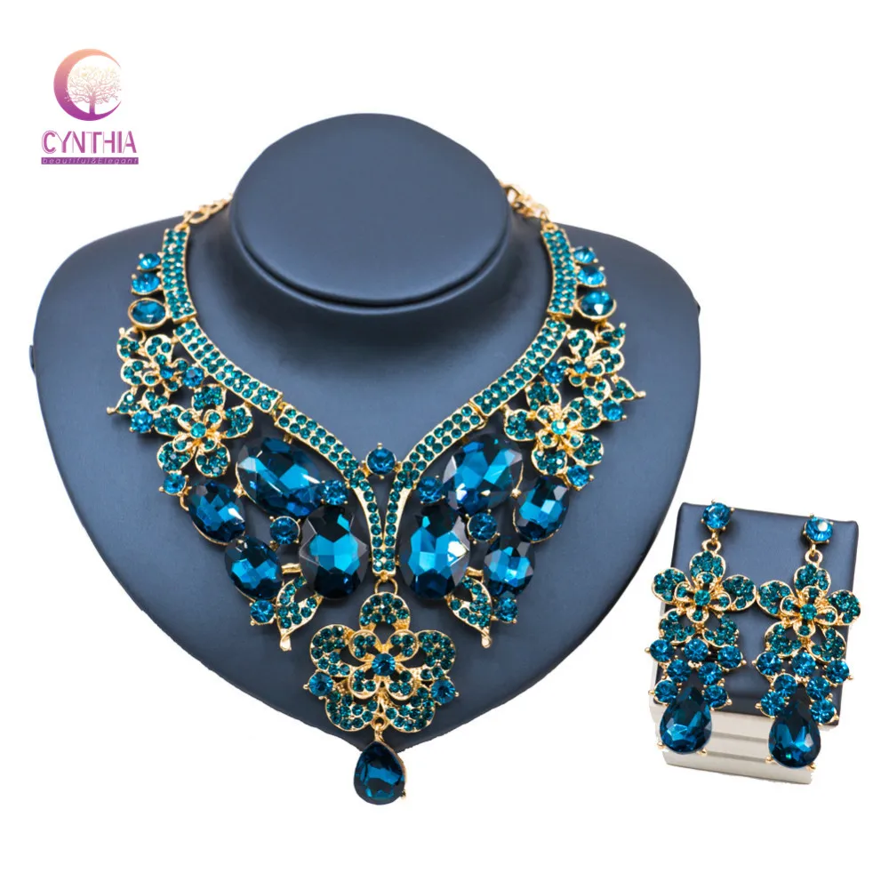 luxury Jewelry Sets Gold Color Dubai Glass Rhinestone Necklace Earrings