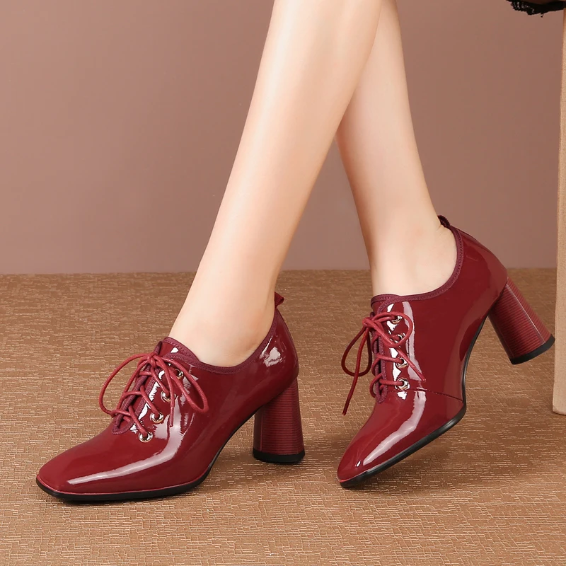 

Genuine Leather Shoes Women Square Toe Pumps Sapato feminino High Heels Lace Up New Fashion Black Work Shoes Plus Size 33-43
