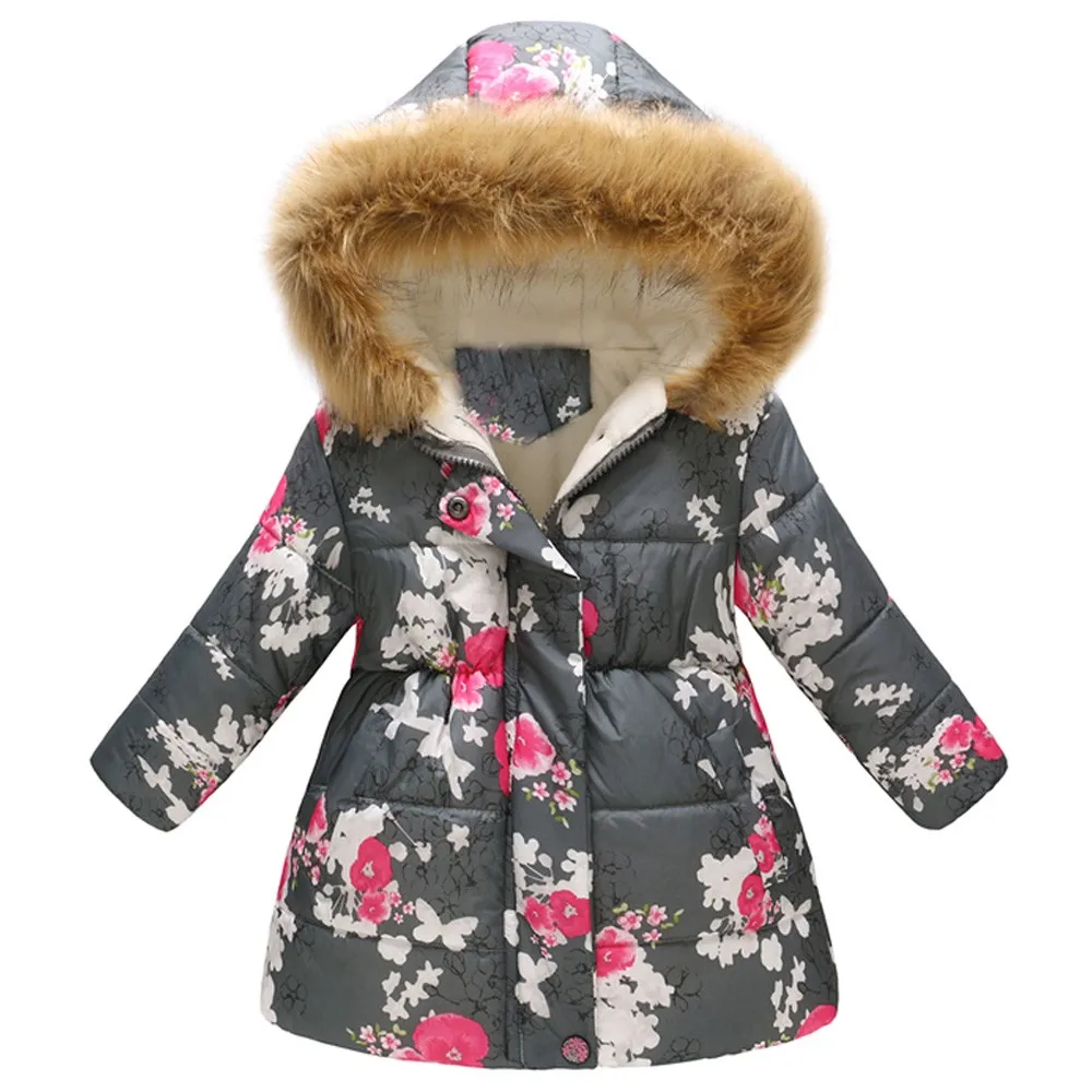 Одежда для маленьких девочек и мальчиков детская зимняя куртка с капюшоном для девочек, зимнее пальто для малышей ветрозащитная зимняя куртка с цветочным рисунком для маленьких мальчиков и девочек - Цвет: Gray