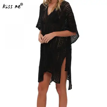 

Solid Lace Bikini Cover Up Solid Hollow Beach Dress Summer Beach Bikini Cover Ups Women Crochet Beach Wear V Neck Dress