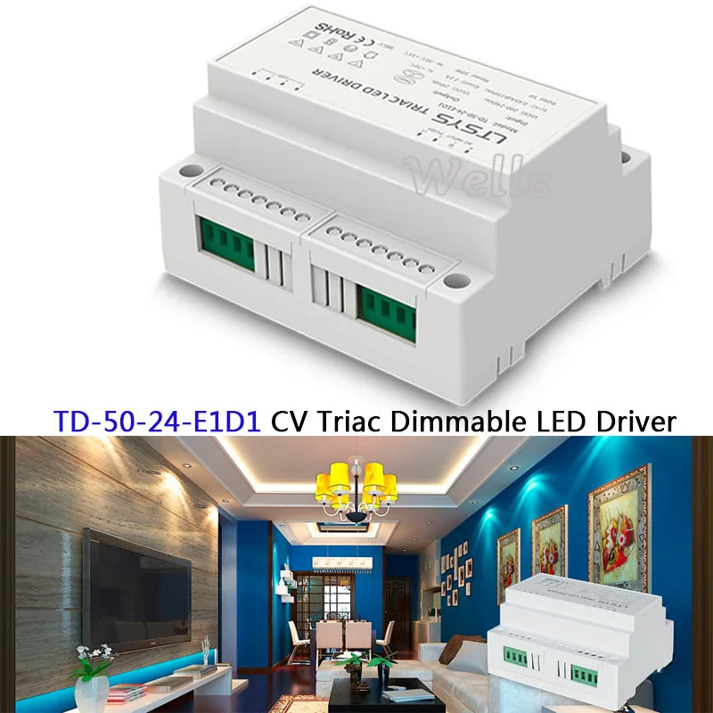 

TD-50-24-E1D1;200-240VAC input,Output DC24V 2.1A 50W CV intelligent Triac Dimmable LED Driver Triac Push Dim