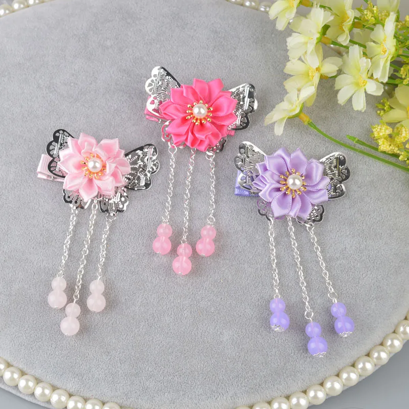 Kids Hair Clip Chinese Style Baby Girls Flower Tassels Hairpin Pearl Accessories