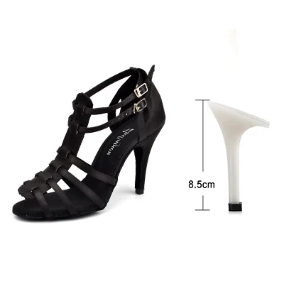 Ladingwu/танцевальная обувь для латинских танцев, сальсы; Женская атласная обувь с тигром; Цвет фиолетовый, черный; женские сандалии для бальных танцев; Zapatos de fiesta - Цвет: Black 8.5cm