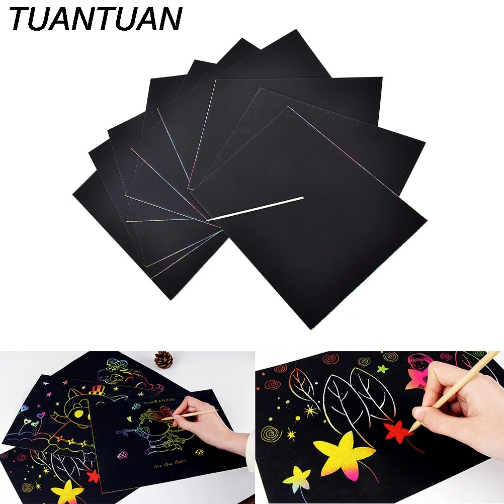 TUANTUAN 10 Sheets/Set Scratch Sheets Paper Magic Scratch Art Painting Paper With Drawing Stick Pens 16K Kids Painting