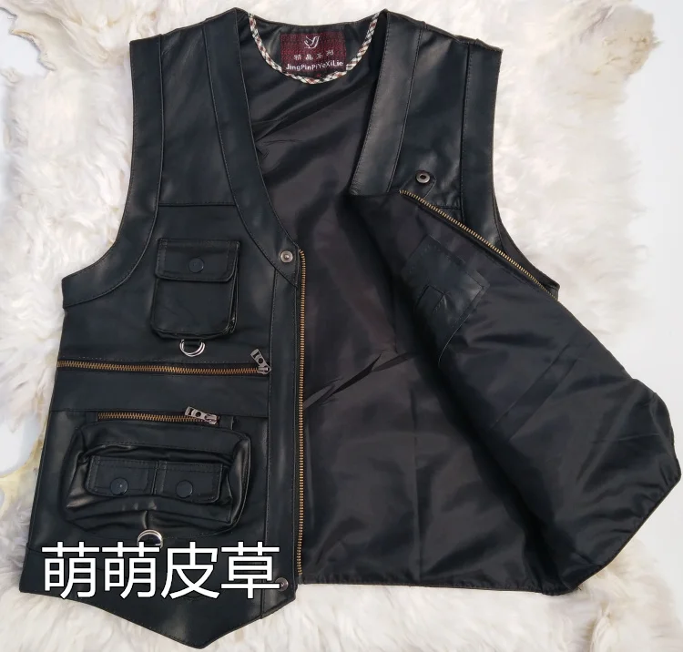sheepskin leather vest men waistcoat pocket vests