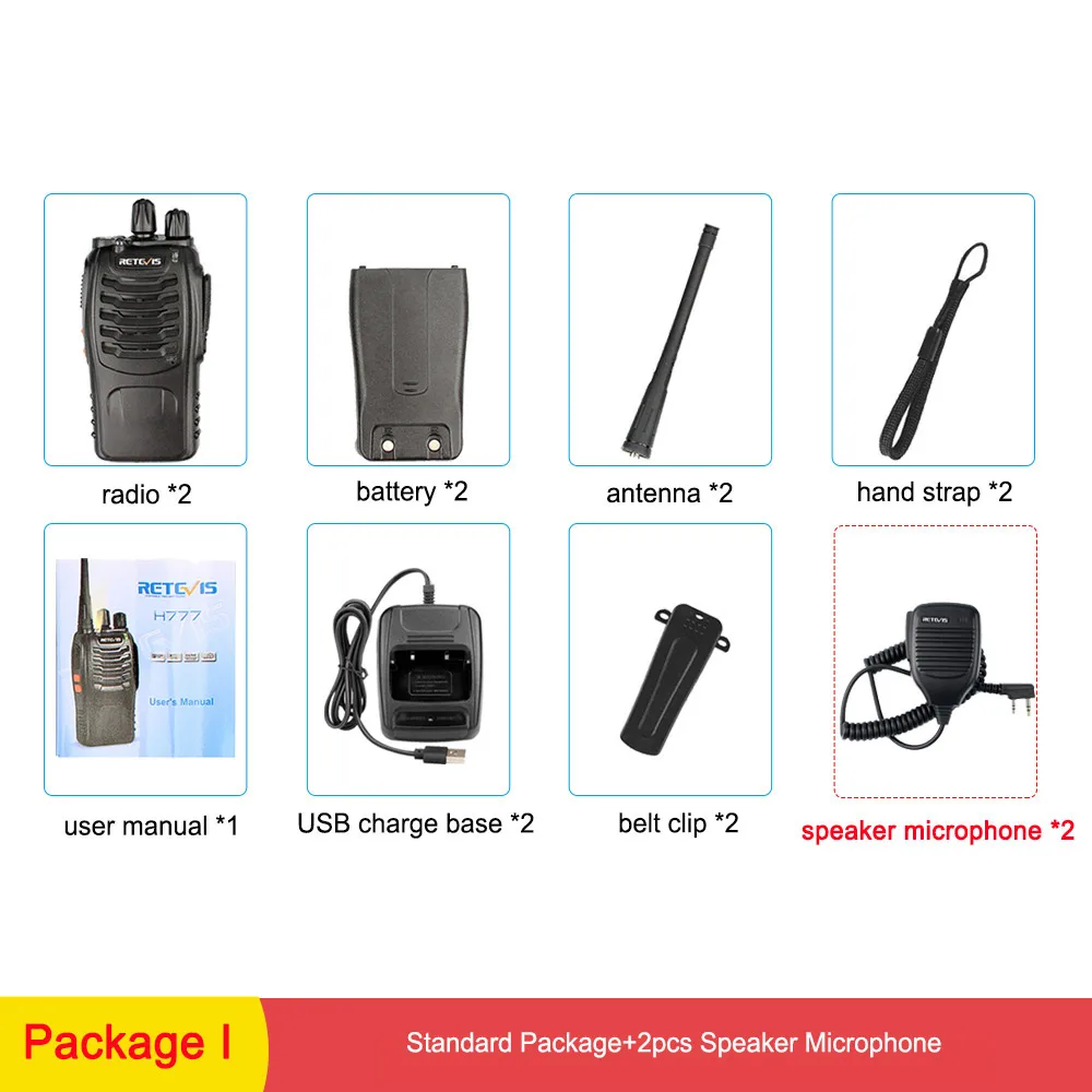 Package I 2 шт. RETEVIS H777 Walkie Talkie 3 Вт УВЧ двухсторонняя радиостанция приемопередатчик двухстороннее радио-коммуникатор зарядка через usb рация - Цвет: Package I