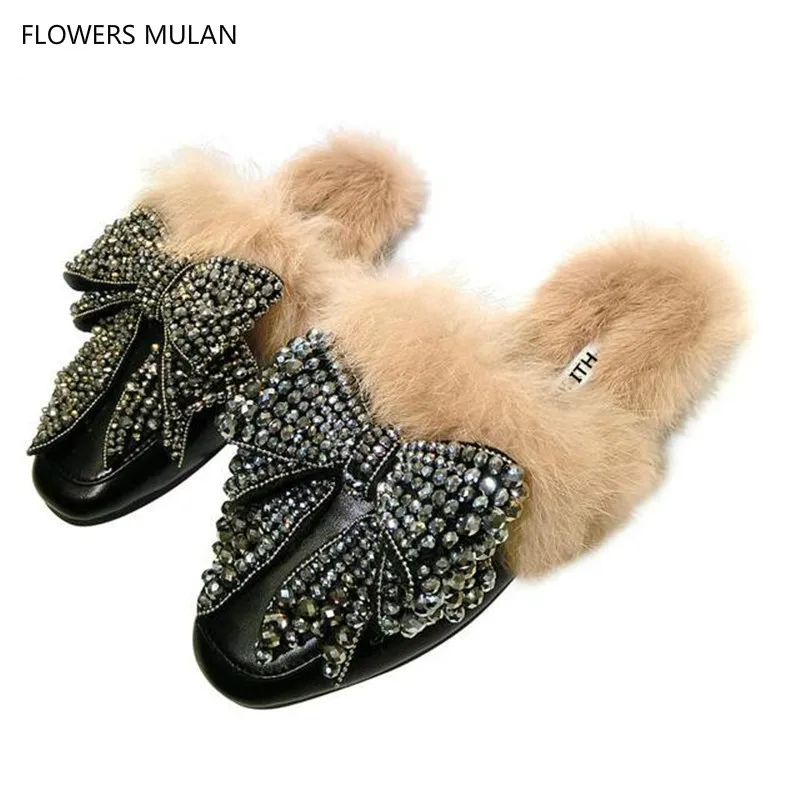 

Soft Leather With Fur Women Slipper Indoor Outside Shoes Woman Crystal Bow Sapatos Mulher Street Fashion Flats & Loafers