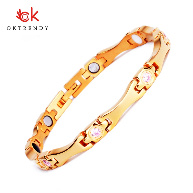 

Oktrendy Gold color Stainless Steel Healthcare Magnetic Bracelet with Pink Rhinestones Friendship Bracelets for Woman