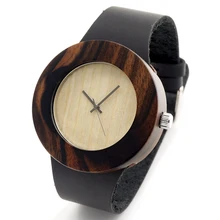 Природный Ebony Sandwood Деревянные мужская Черный Круглый Кожаный Часы Luxuly женщин Наручные Часы как Рождественские Подарки Идея C09