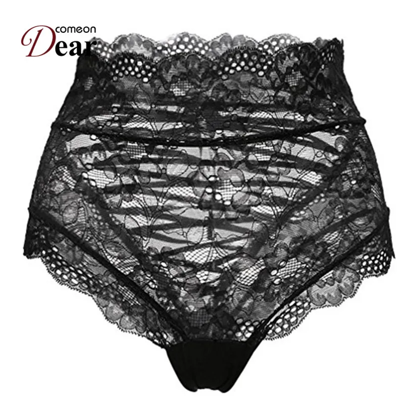 Comeondear Boy Shorts Lace Strappy Open Cortch Plus Size Lace Woman Panties Underwear Black High Waist Ladies Panties PK5139
