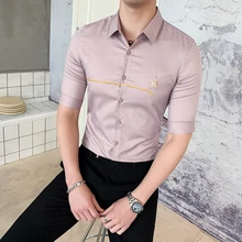 Высокое качество Мужская рубашка платье Лето универсальные повседневные мужские рубашки Половина рукава отложной Воротник Вышивка Блузка Homme 3XL-M хит