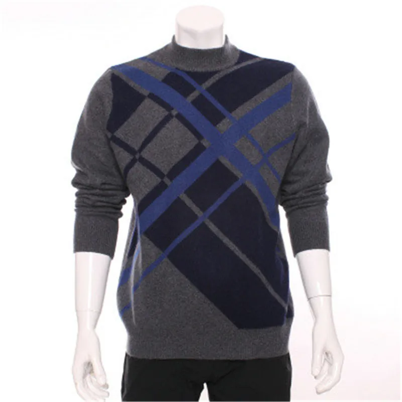 

100%goat cashmere argyle thick knit men fashion pullover sweater dark grey 2color M-2XL