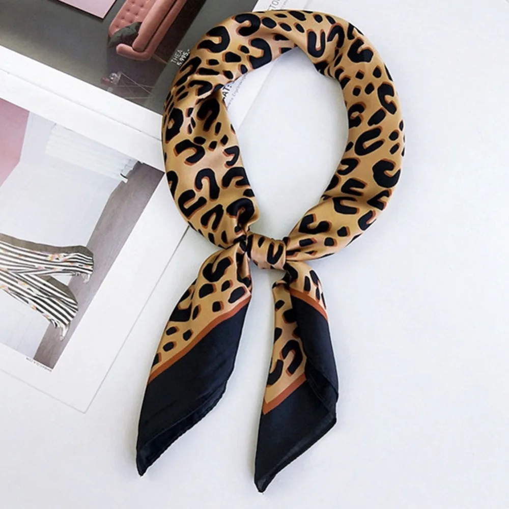Elegant Women 70*70cm Square Silk Scarves Leopard Letters Soft Satin Scarf Retro Head Neck Hair Tie Band
