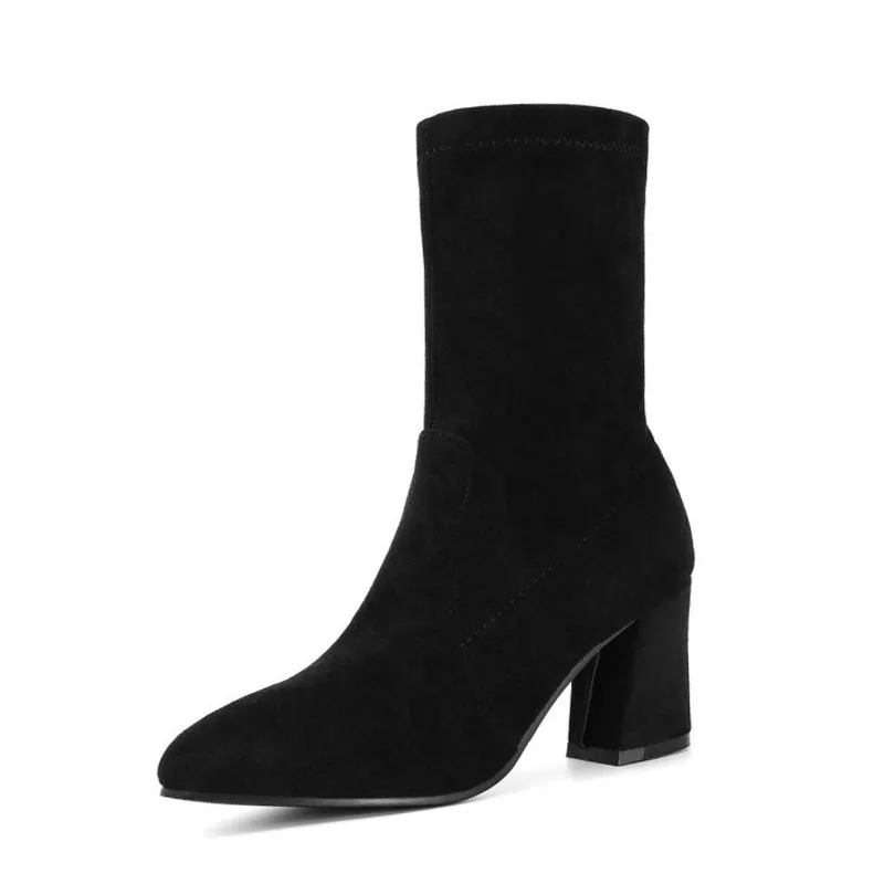Taoffen/ г.; женские повседневные Черные растягивающиеся сапоги; заостренные Квадратные каблуки; Повседневная Удобная обувь до середины икры; женская обувь; размеры 34-39