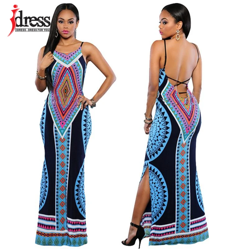 

IDress 2018Spaghetti Strap Dress Backless Side Slit Sundress Ethnic Long Maxi Beach Open Back Dress Tribal African Print Dresses