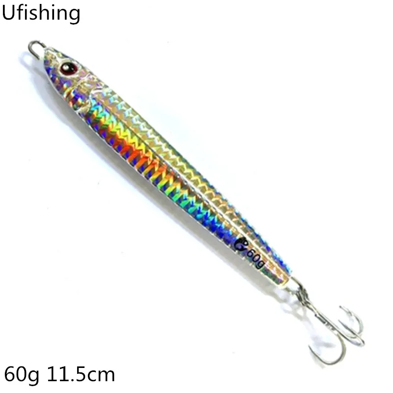 

Ufishing Sea Fishing Lure 60g 11.5cm Metal Jig 1 Pcs/Lot Laser Jigging Bait with Hook High Quality Ice Fishing Bait