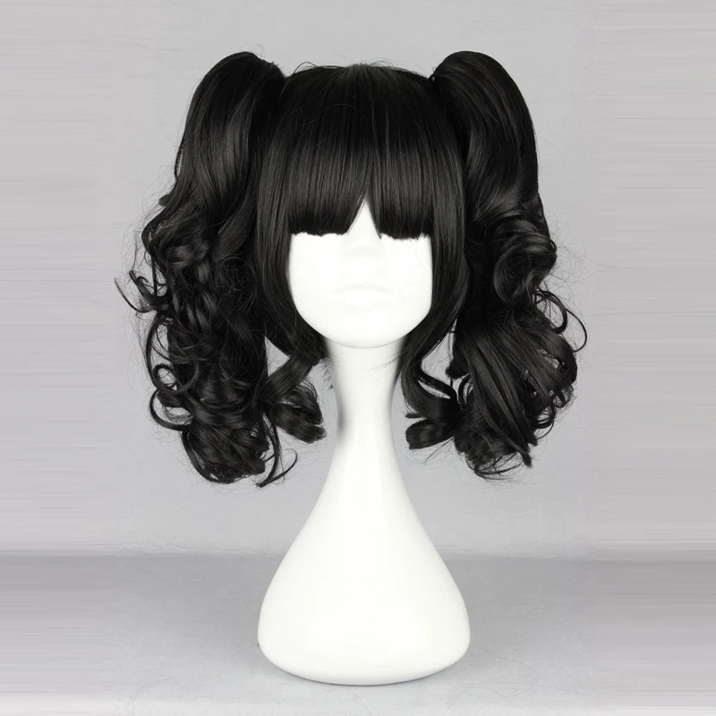 

Lolita Short Black Anime Party Women Cosplay Synthetic Wig With Bang + 2 Curly 35cm Ponytails H75419A