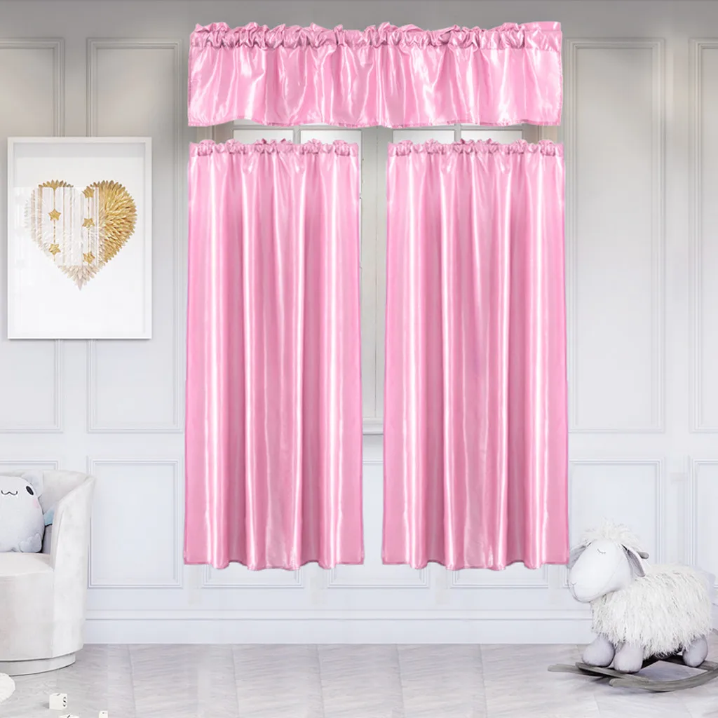 3pcs Pure Color Kitchen Home Curtain With Swag Tier Window Curtain