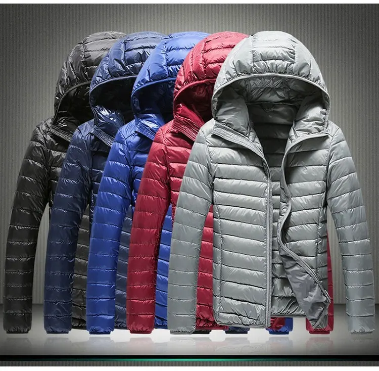 Зимняя модная однотонная мужская уличная куртка на утином пуху, складывающаяся, ультра-светильник, пуховое пальто с капюшоном, Теплая мужская одежда