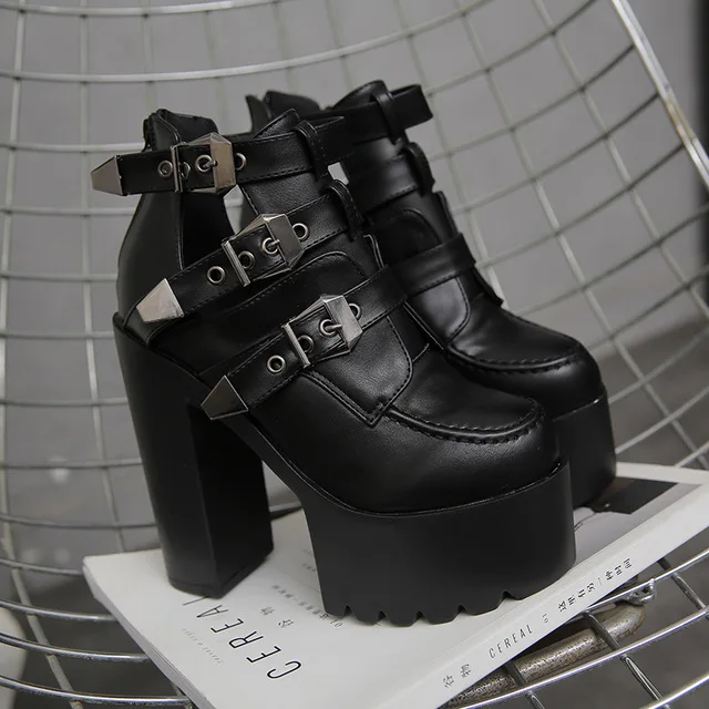 PLadies Zapatos Mujer Martin Fashion Chaussure Female Punk Female Platform Chunky High Heels 14cm Belt Buckle Shoes Woman Pumps