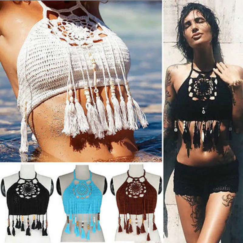 

Womens Sexy Cross Strappy Crochet Bra Tank Tops Bustier Tassel Vest Crop Top Bralette Blouse Halter Bandeau