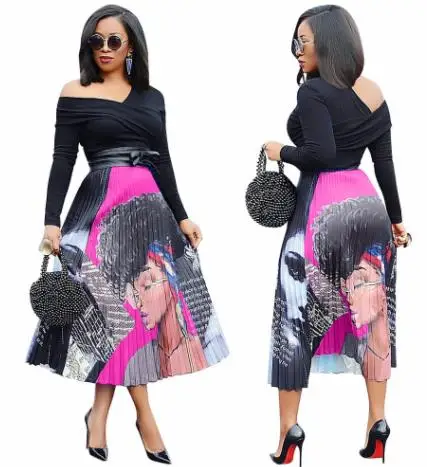 Дашики африканская одежда новая женская Винтажная с буквенным принтом Высокая талия до середины икры африканская плиссированная юбка винтажная - Цвет: 1