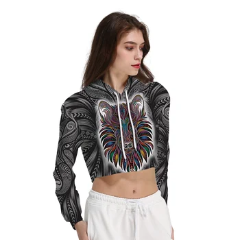 

New Plus Size Lion Print Crop Tops Long Sleeve S To 3xL Plus Size Black Womens Harajuku Bare Midriff Hoodies