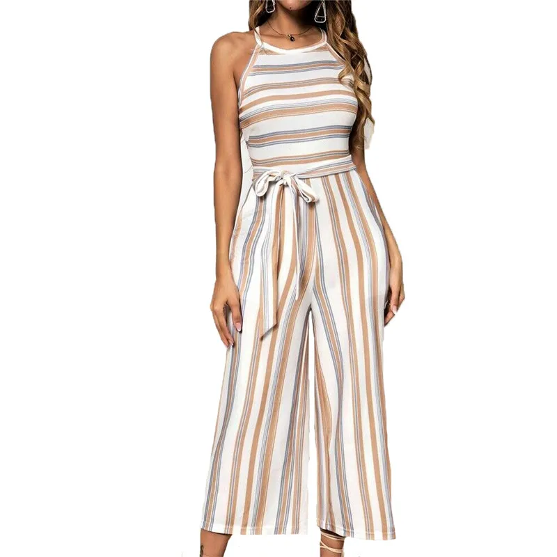

Jumpsuit Women Summer Colorful striped print sleeveless wide leg Casaul Romper Womens Jumpsuits Ladies Playsuits Trousers Femme