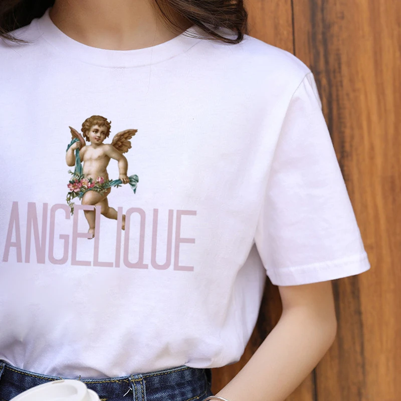 Angel Kawaii Harajuku футболка женская Ullzang Винтажная футболка с ангелами в Корейском стиле 90s Эстетическая футболка гранж Забавный Топ Женская футболка - Цвет: 6836