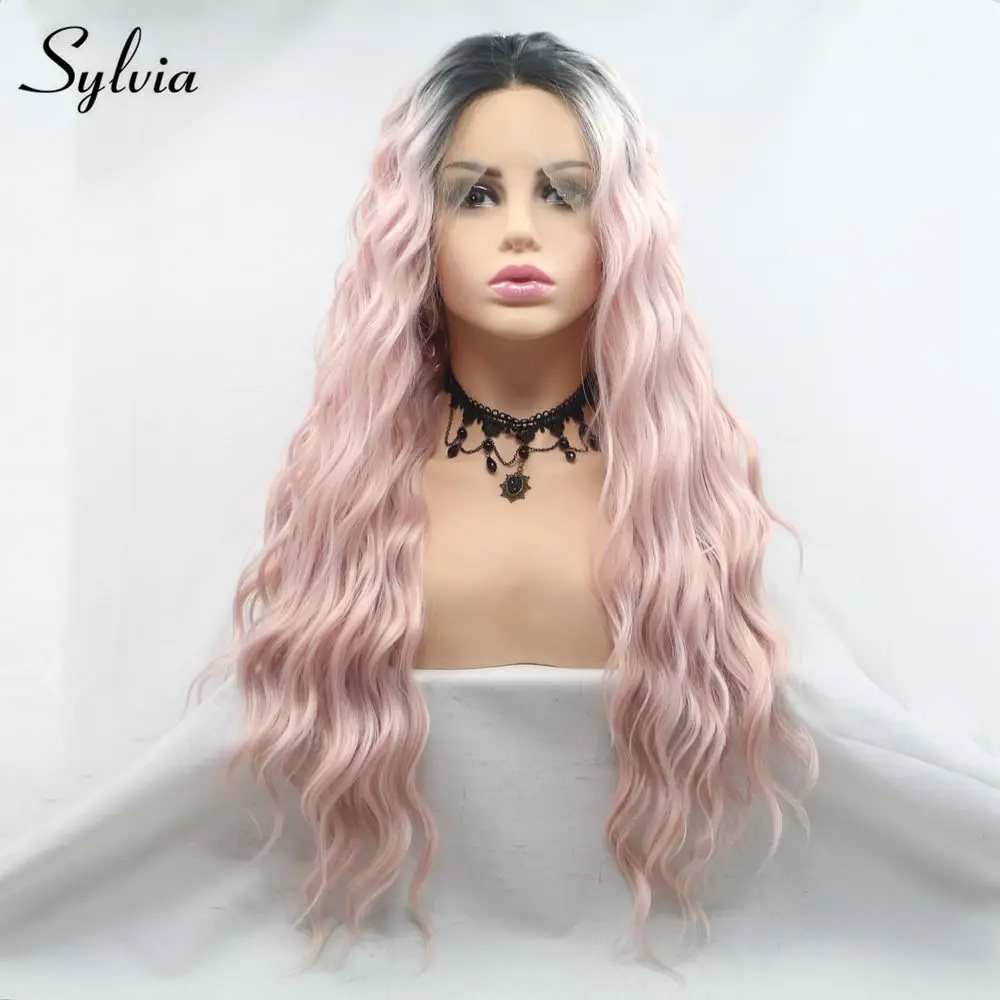 Sylvia парик с длинными кудрявыми волосами синтетический кружевной передний розовый парик с темным корнем термостойкая средняя часть макияж косплей парик два тона