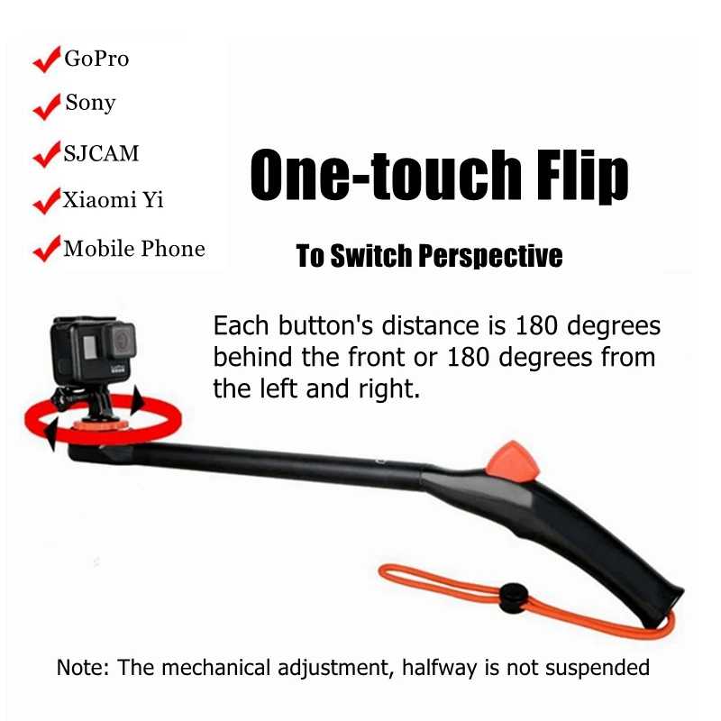 

180° One-key Flip Front and Rear Steering Rod 50CM Selfie Stick Monopod For GoPro Hero 7 6 5 DJI Osmo Action Yi 4K+Mobile Phone