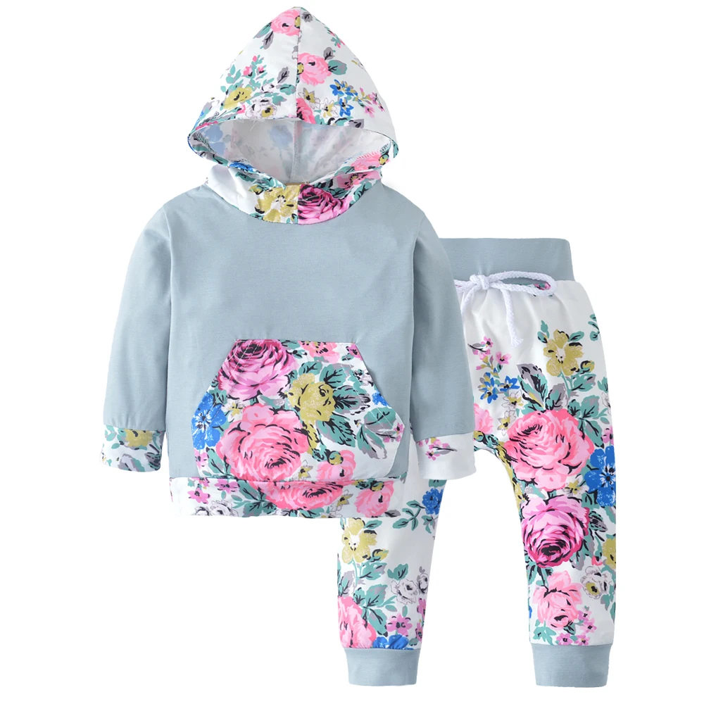 Комплект из 2 предметов, осенне-зимняя одежда для новорожденных девочек, Лоскутная футболка с капюшоном и карманом в цветочек + штаны