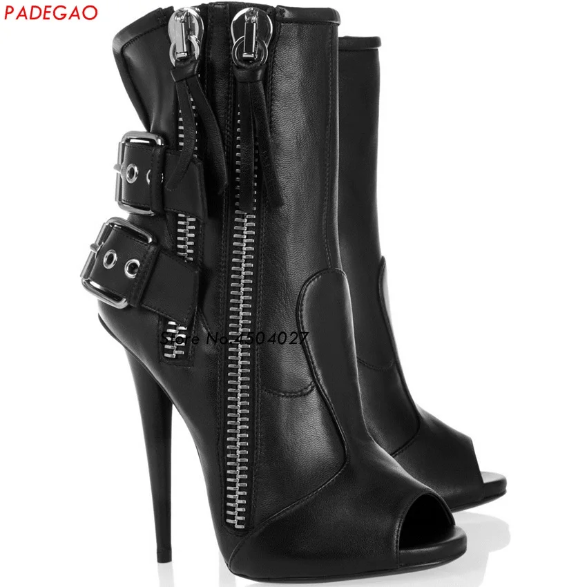 

Women black leather open toe ankle boots summer spike heel boots fashion buckle straps high heel boots zippers shoes woman