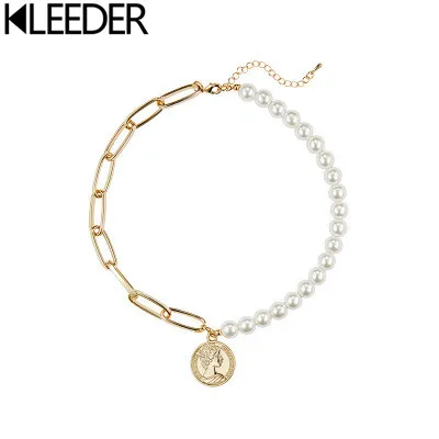 

KLEEDER Pearls Choker Necklace Female Cross Pendant Necklaces for Women Gold Color 2019 Fashion Coin Jewelry