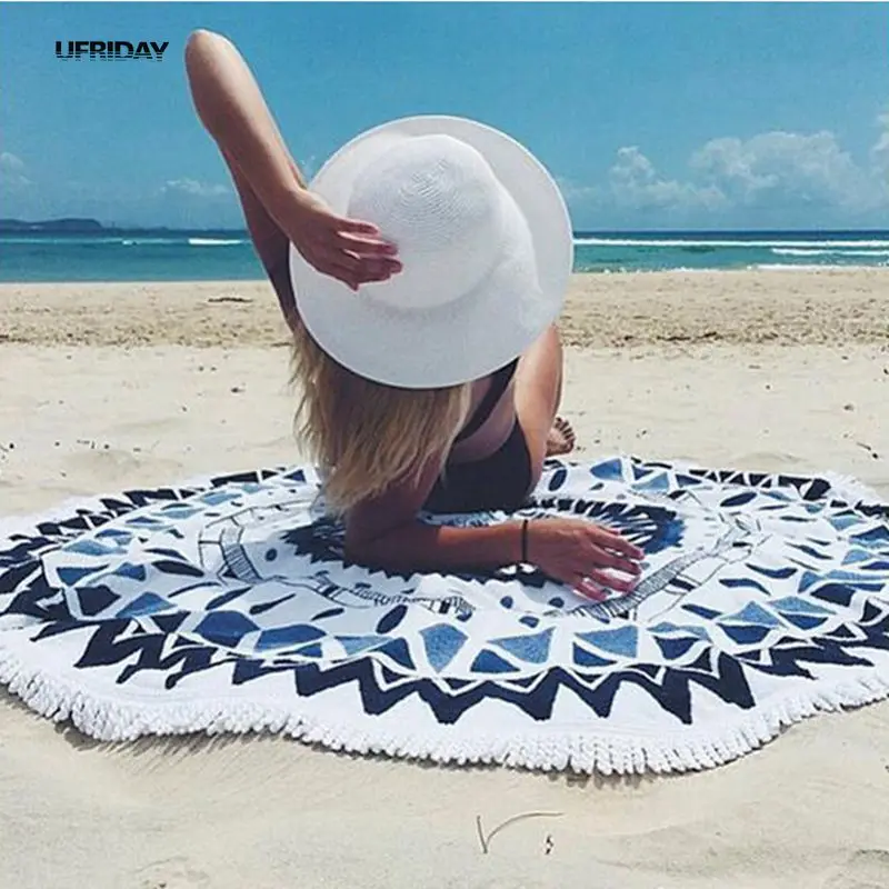 UFRIDAY Geometric Round Beach Towel 150cm With Tassel Travel Sport Towel Blanket Yoga Mat