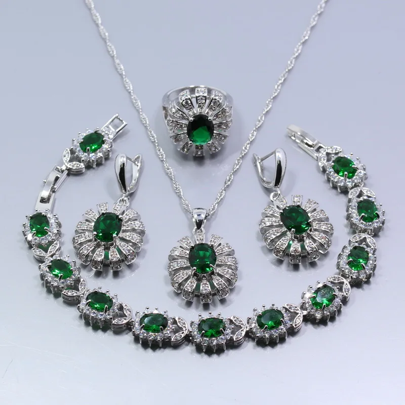 

925 925 Silver Flower Green Zircon White Zircon Women 4PCS Jewelry Set Ring Size 6/7/8/9/10 Bracelet Length 18+2 CM Z67