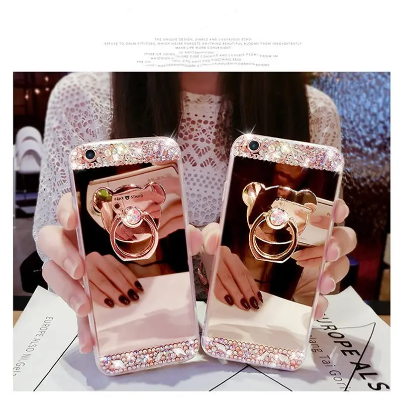 

PAWPAW mirror phone case for iphone 7 case cute bear stand for iPhone X case with diamond 6 6s 8plus